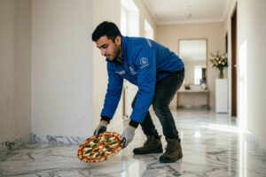 В Москве курьер-мигрант доставил заказчику пиццу, аккуратно собранную им с пола в подъезде высотки
